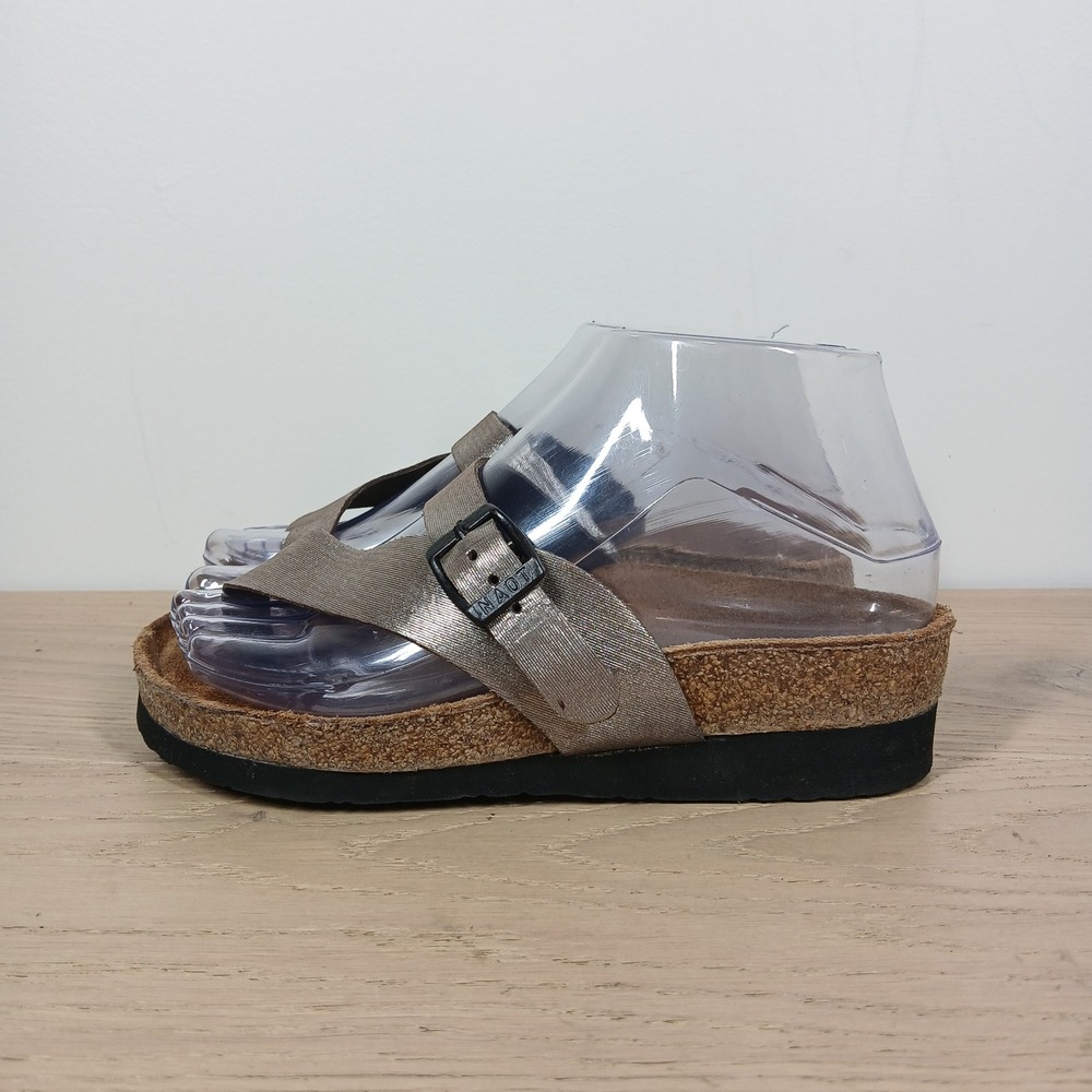 Naot Sandals Women 4 Silver Gold Leather Cork Footbed Buckle Strap Everyday